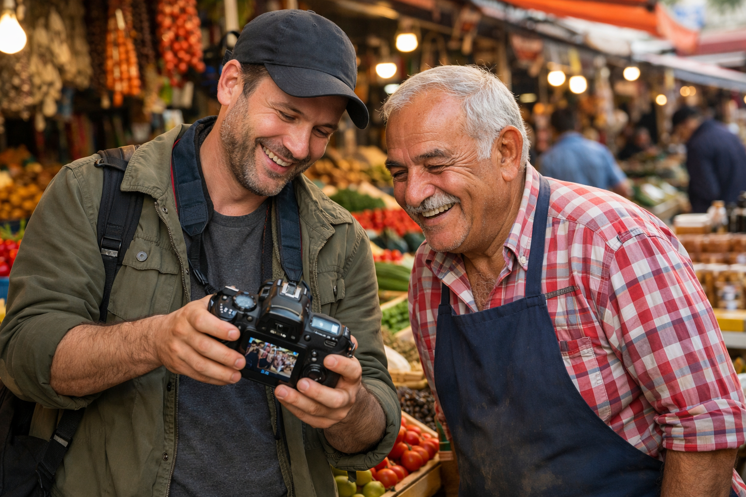 Sokakta fotografci ve yerel halk arasinda diyalog
