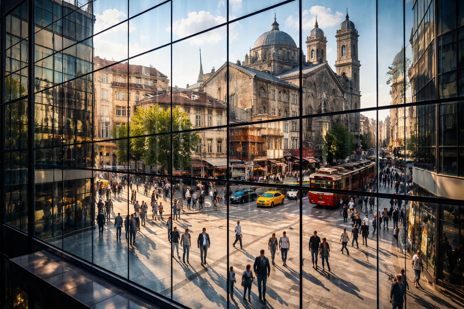 Sehirde cam ve su uzerinde yansimalar